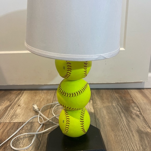 Handmade Softball Lamp Real Softballs Wooden Base White Shade Tested Works - Picture 3 of 5